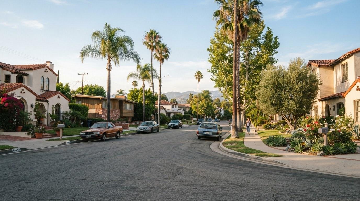 Los Angeles CA residential neighborhood street with single-family homes illustrating local real estate market conditions