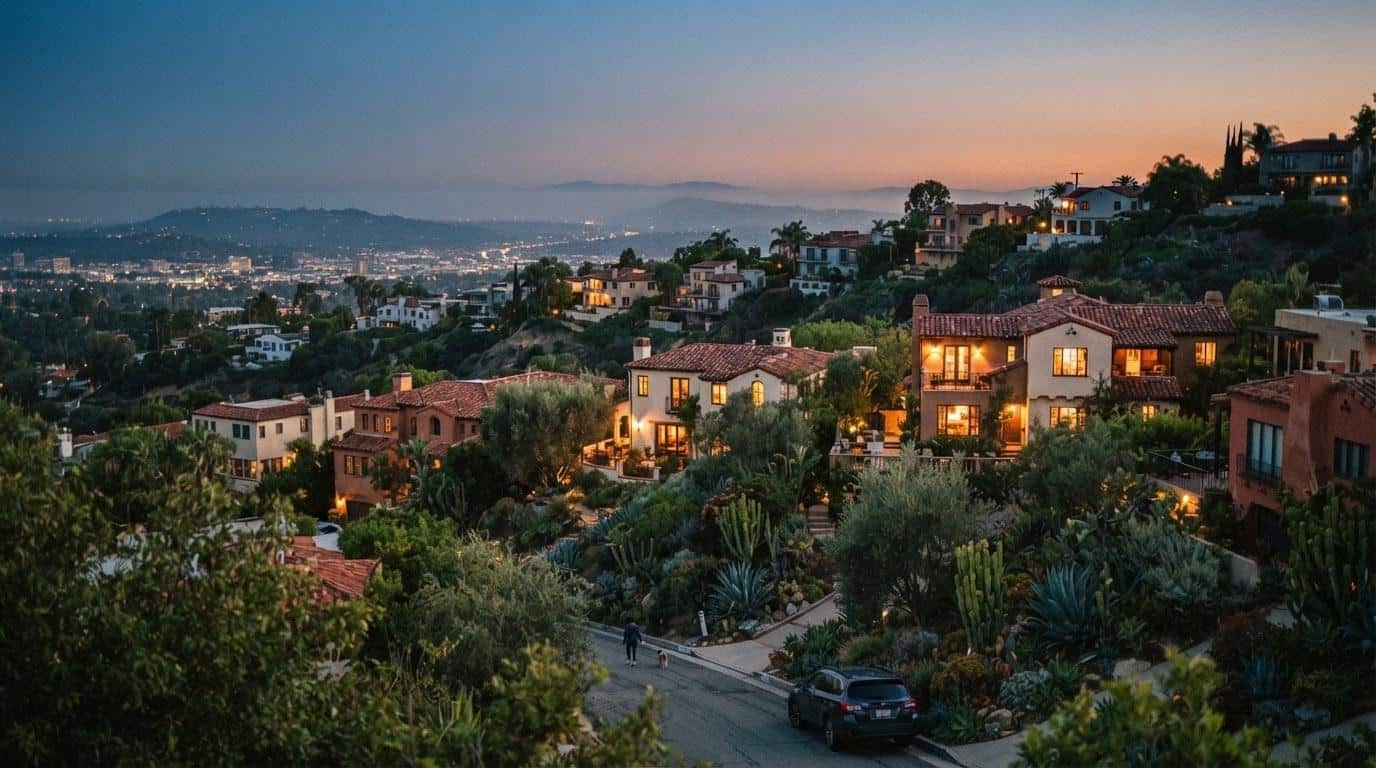 Los Angeles CA hillside neighborhood homes at dusk showing typical Southern California housing stock