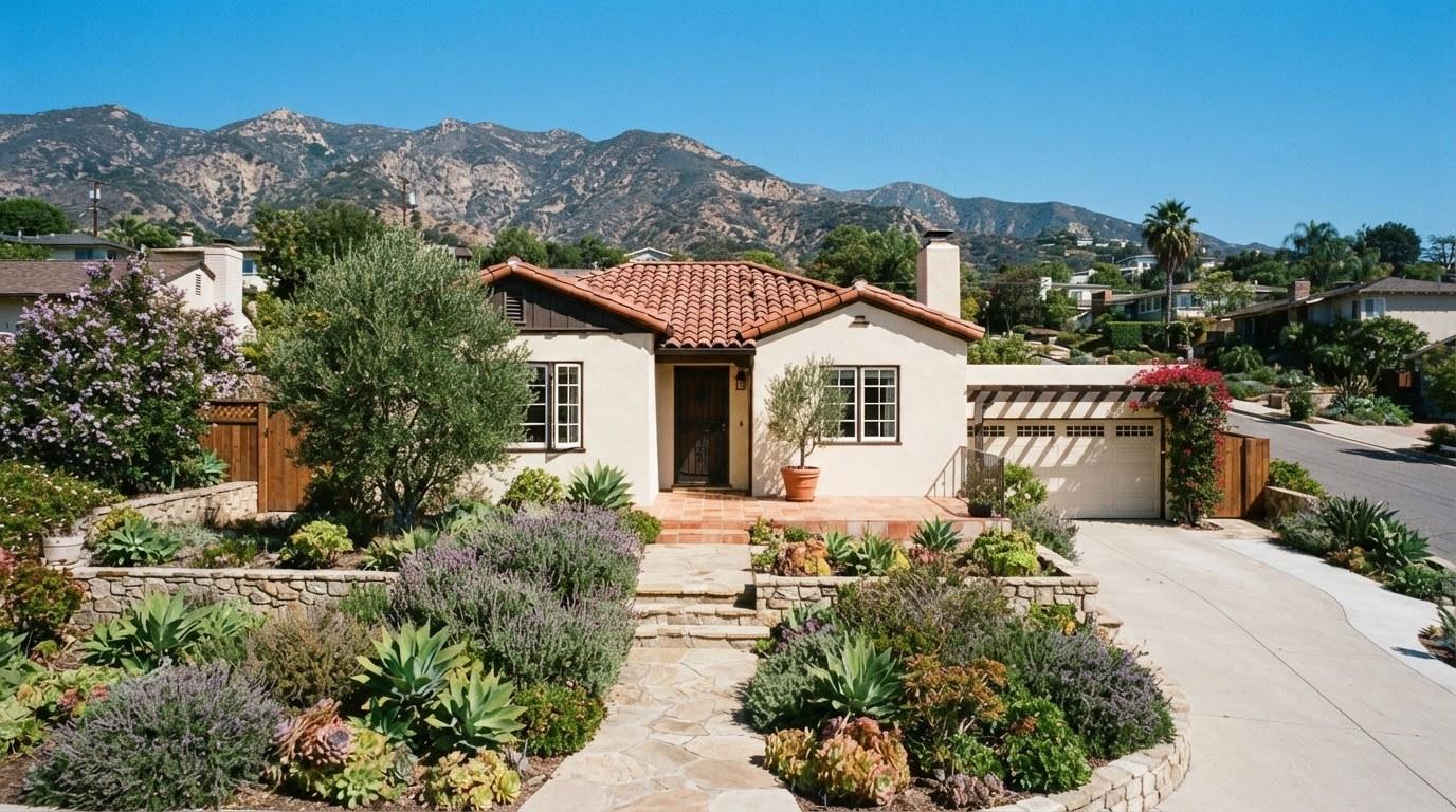 Single-family home exterior in Bell Canyon CA with mountain backdrop and native landscaping