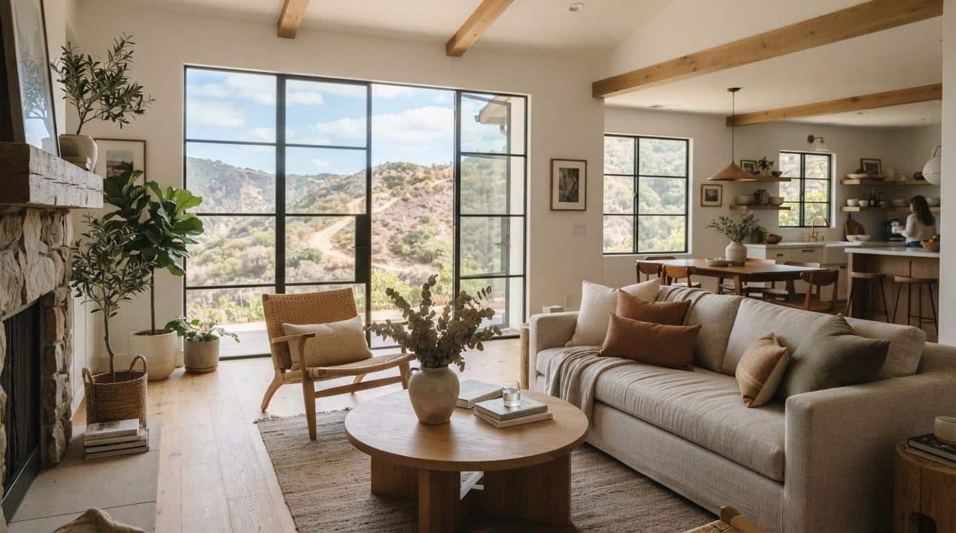 Staged living room interior of a Bell Canyon California home with canyon view through large windows
