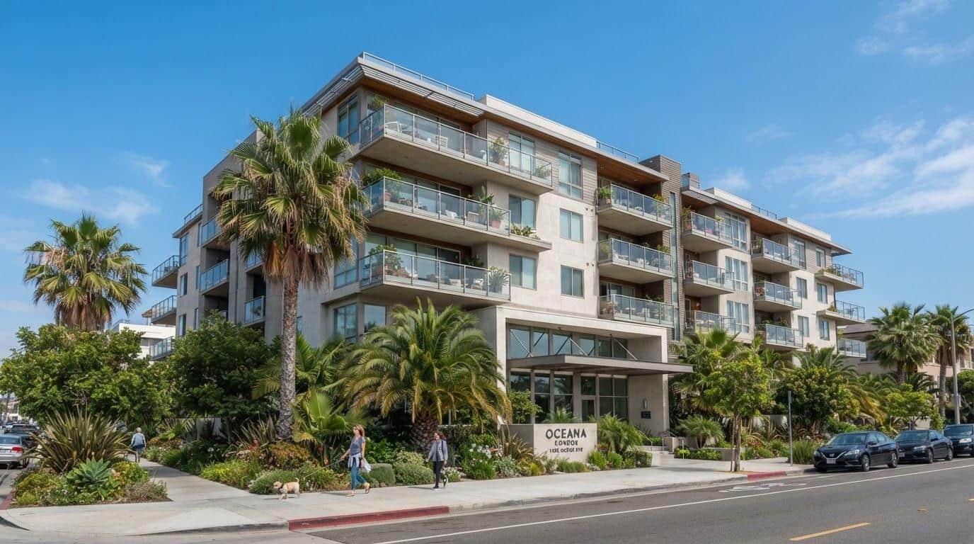 Modern condominium building exterior in Los Angeles CA neighborhood with palm trees and landscaping