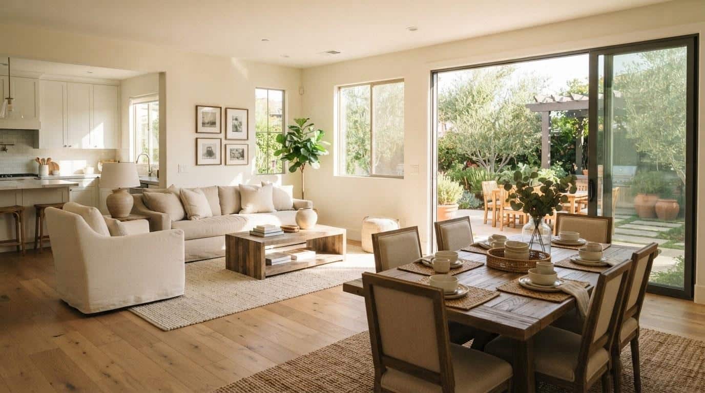 Bright open-plan living area inside a Southern California home with backyard patio view in Los Angeles CA